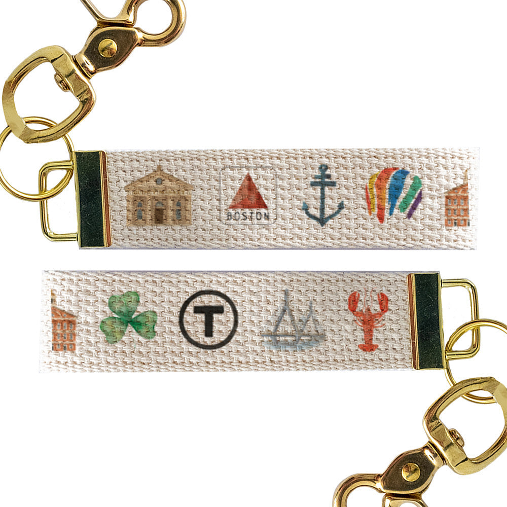 Keychain with fabric strap featuring Boston-themed icons on a white background. Available at Be Charmd