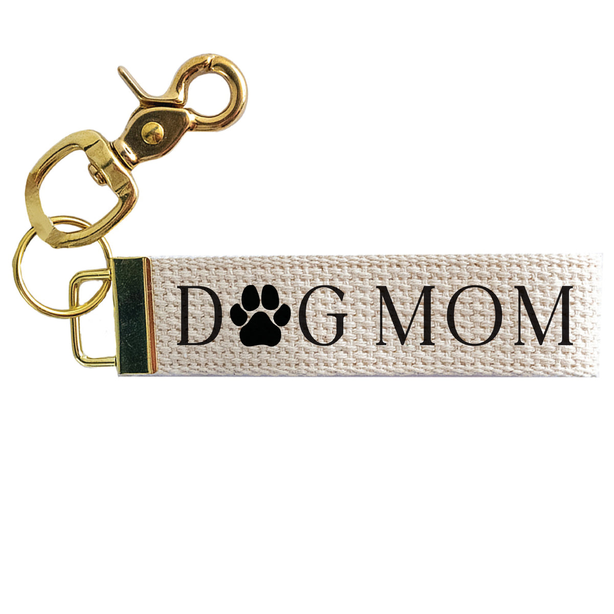Keychain with 'Dog Mom' text and paw print on a white background. Available at Be Charmed. 