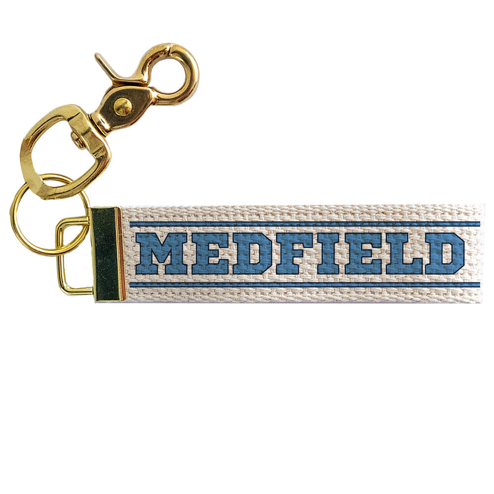Rustic Marlin Medfield Varsity Font keychain, school spirit accessory by Be Charmed, Available at Be Charmed