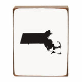 Rustic Marlin Massachusetts Wood Block - Handcrafted reclaimed wood decor showcasing Massachusetts silhouette available at Be Charmed.