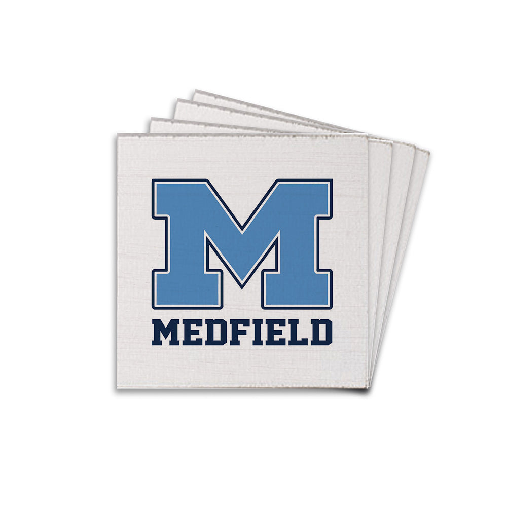 A square Rustic Marlin wood oaster with a prominent blue 'M' and the word 'MEDFIELD' below it, against a white background. Available at Be Charmed