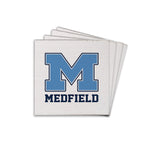 A square Rustic Marlin wood oaster with a prominent blue 'M' and the word 'MEDFIELD' below it, against a white background. Available at Be Charmed