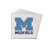 A square Rustic Marlin wood oaster with a prominent blue 'M' and the word 'MEDFIELD' below it, against a white background. Available at Be Charmed