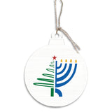Decorative ornament with Christmas tree and Hanukkah menorah design on a white background. Available at Be Charmed