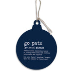 Navy blue ornament with white text on a white background. Available at Be Charmed