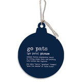 Navy blue ornament with white text on a white background. Available at Be Charmed