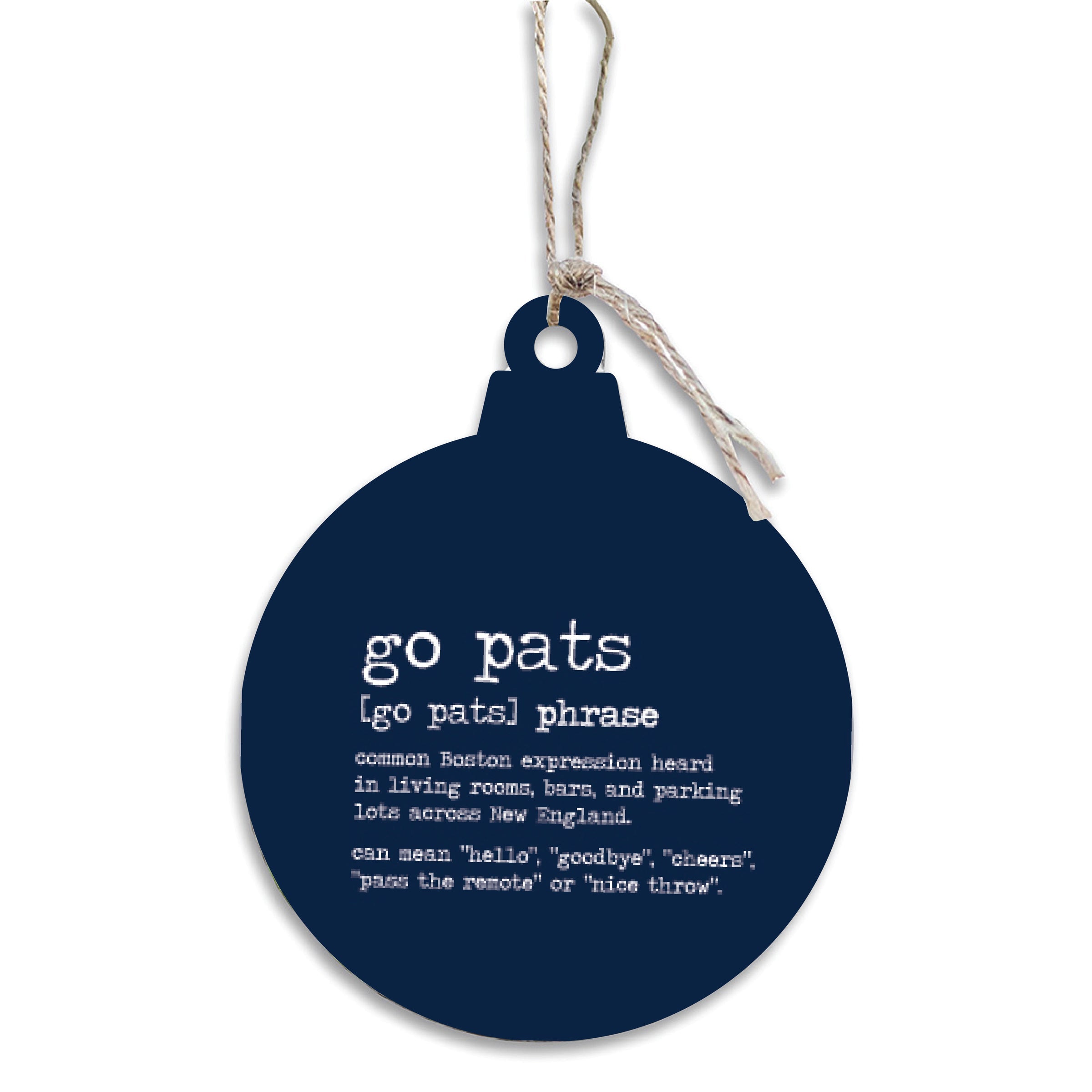 Navy blue ornament with white text on a white background. Available at Be Charmed
