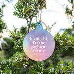 Rustic marlin ornament with “It's Me, Hi I'm The Problem,” funny holiday decor and gift idea. Available at Be Charmed
