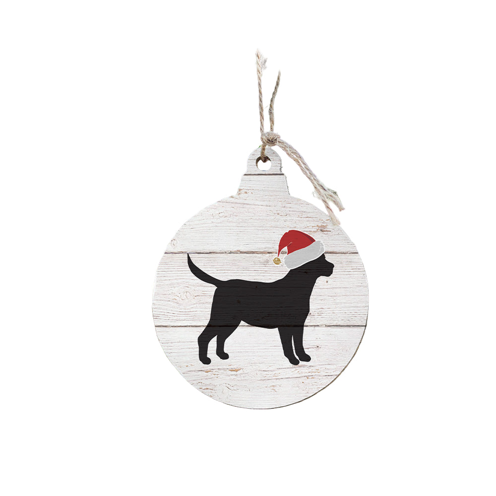 Decorative Christmas ornament with a black dog silhouette wearing a Santa hat on a white background. Available at Be Charmed