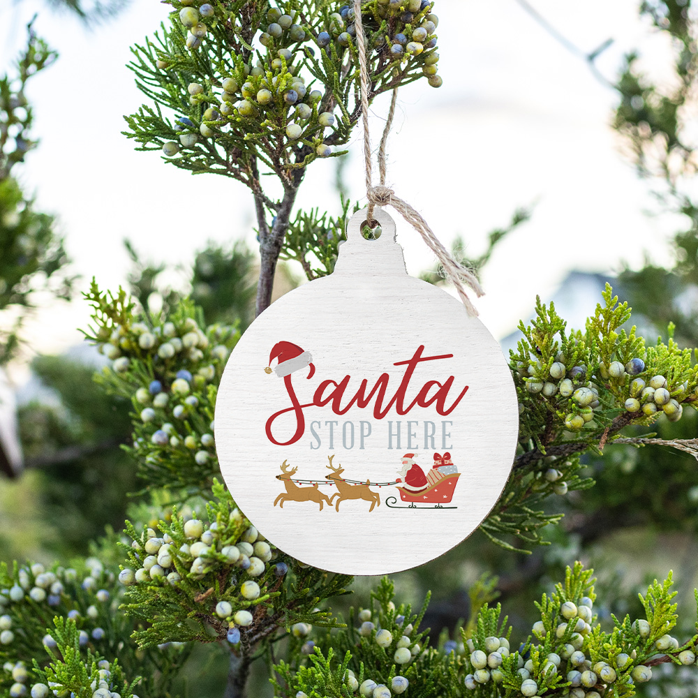 Rustic Marlin Santa Stop Here bulb Christmas ornament for festive holiday décor, Available at Be Charmed