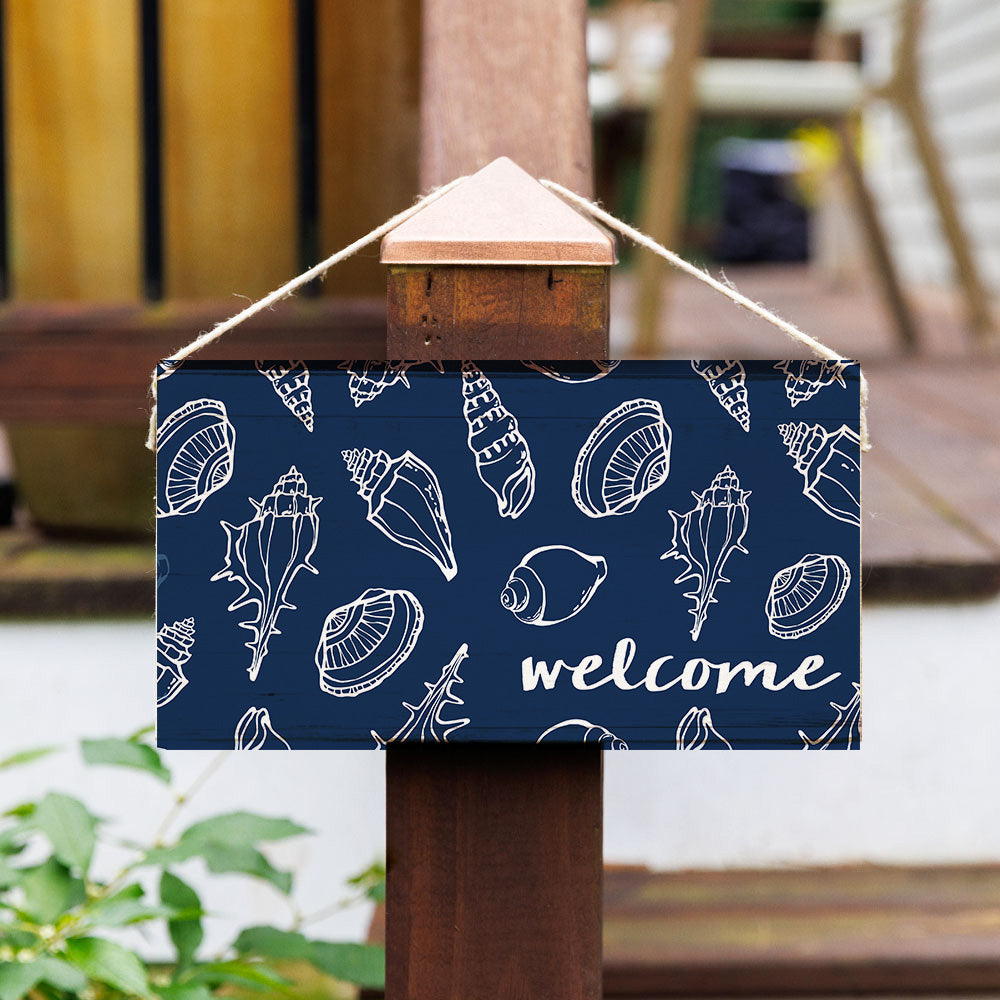 Hanging Rustic Marlin Seashell Welcome Twine Sign – Handcrafted coastal décor available at Be Charmed.