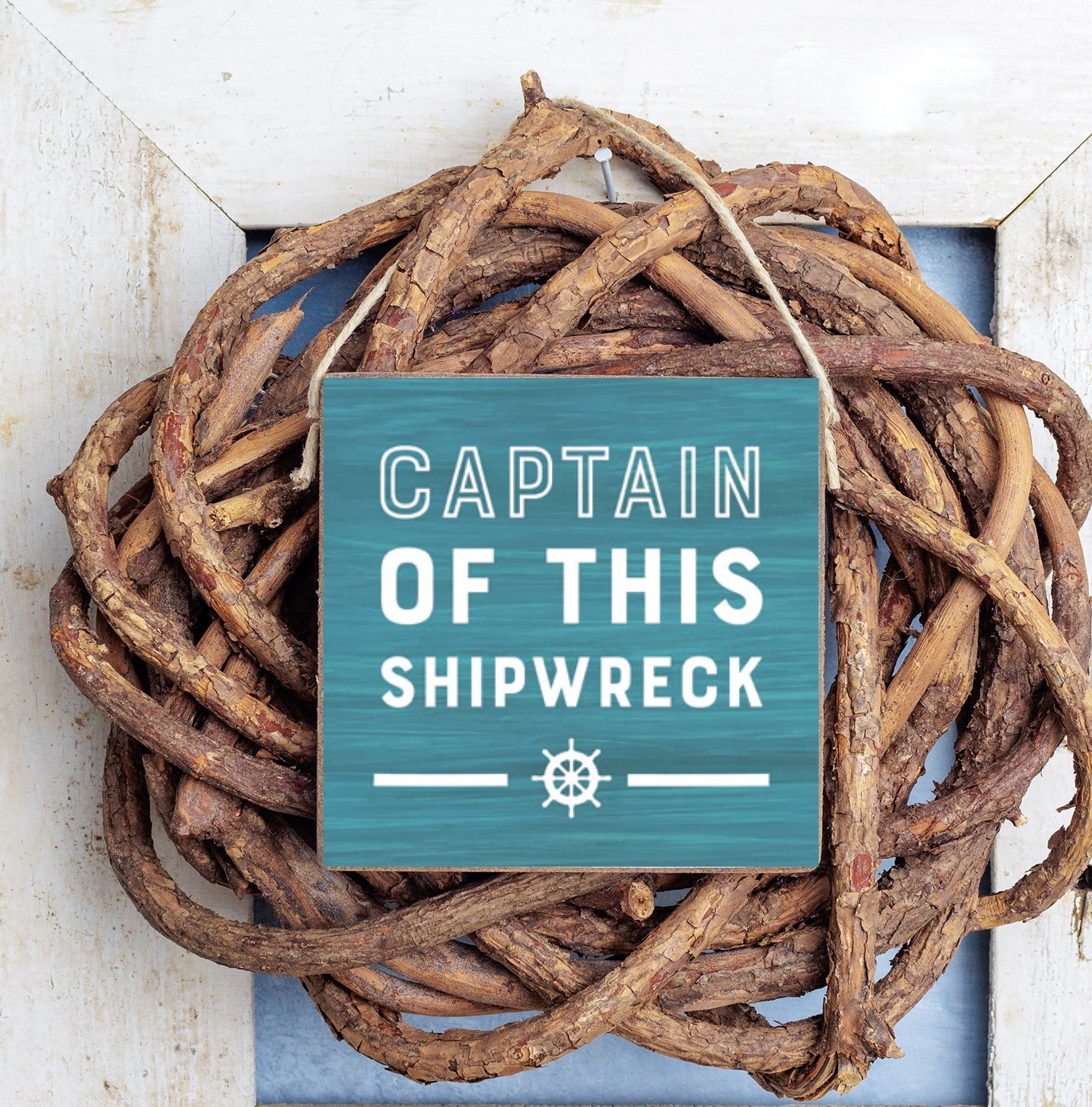 Rustic marlin square twine sign with “Captain of the Shipwreck,” decorative nautical home accent and gift. Available at Be Charmed