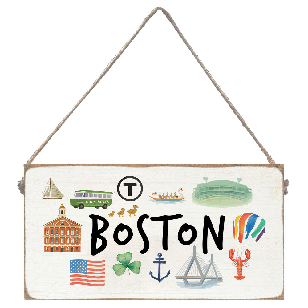 Rustic Marlin Twine Sign with Boston Icons design. Handcrafted city décor accent, perfect for Boston pride. Available at Be Charmed.