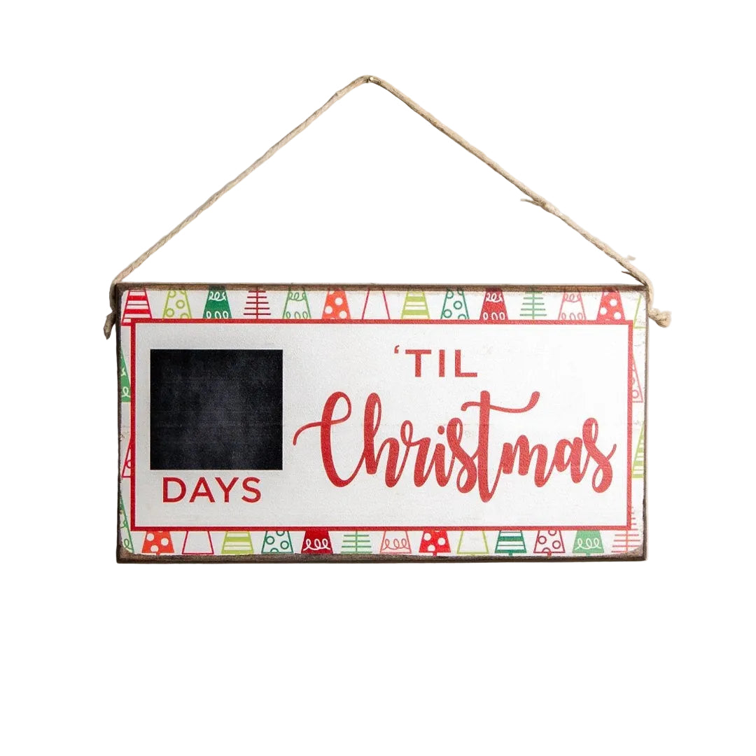 Christmas countdown twine sign with chalkboard area on a white background. Available at Be Charmed