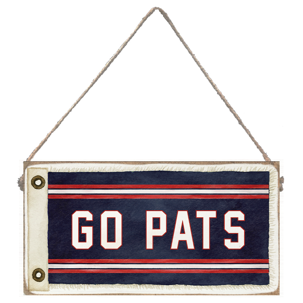 Wood sign with 'GO PATS' text on a white background. Available at Be Charmed