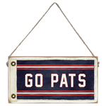 Wood sign with 'GO PATS' text on a white background. Available at Be Charmed