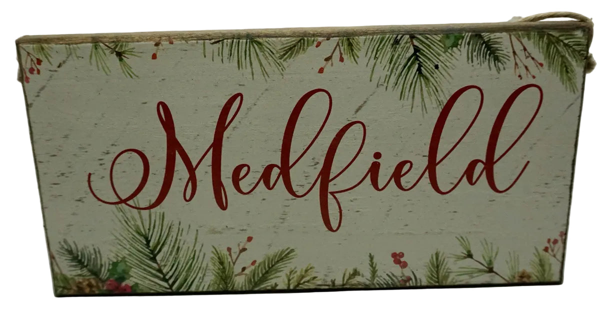 Rustic Marlin greenery Medfield twine sign with natural hometown décor style, Available at Be Charmed
