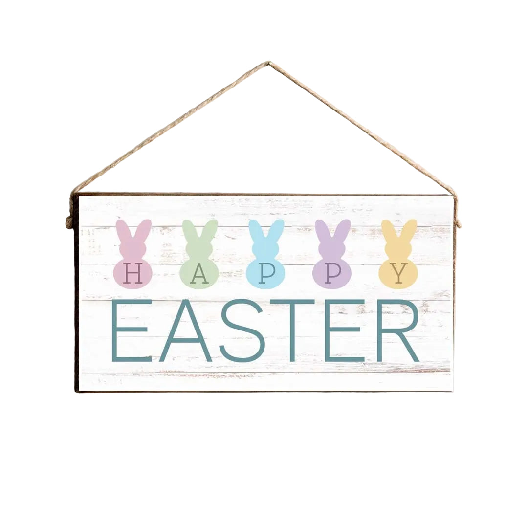 A rustic pine twine sign with 'Happy Easter' text and decorated with multi-colored bunny shapes, attached twine for hanging. Available at Be Charmed