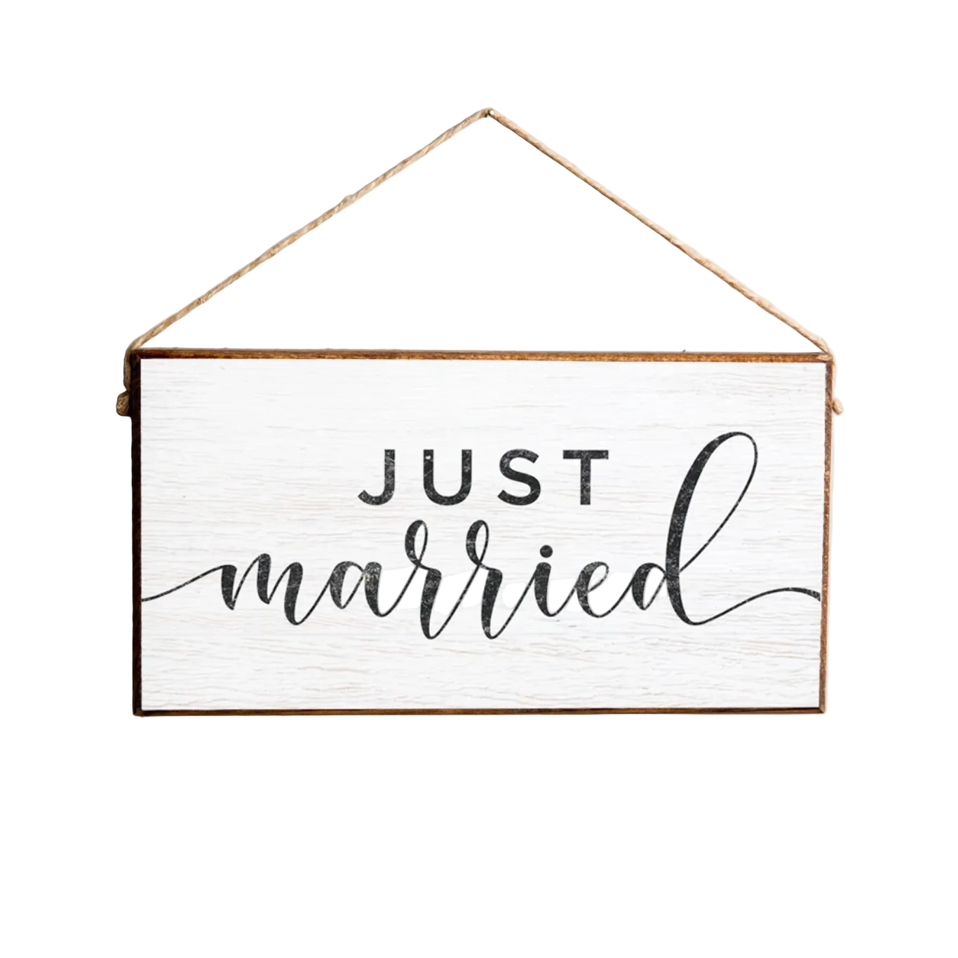 A rustic style wooden twine sign with the text 'Just Married' written on it, hanging by a twine loop. Available at Be Charmed