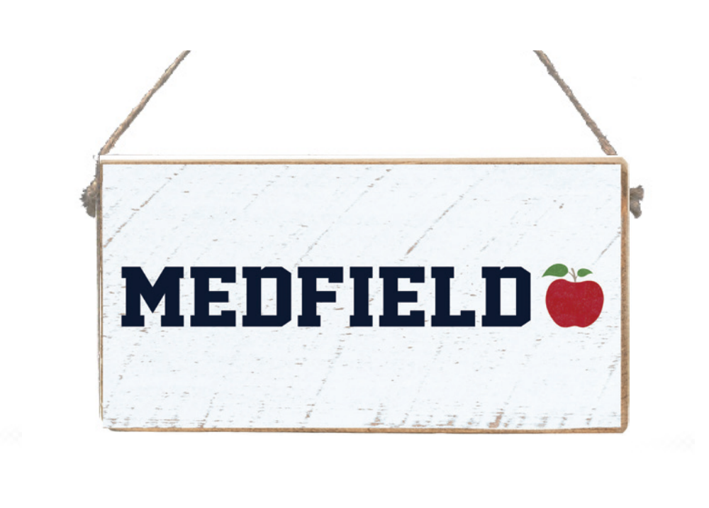Rustic Marlin Twine Sign with “Medfield Apple” design. Perfect farmhouse décor or local accent. Available at Be Charmed