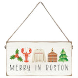 Decorative sign with Boston-themed illustrations and text on a white background. Available at Be Charmed