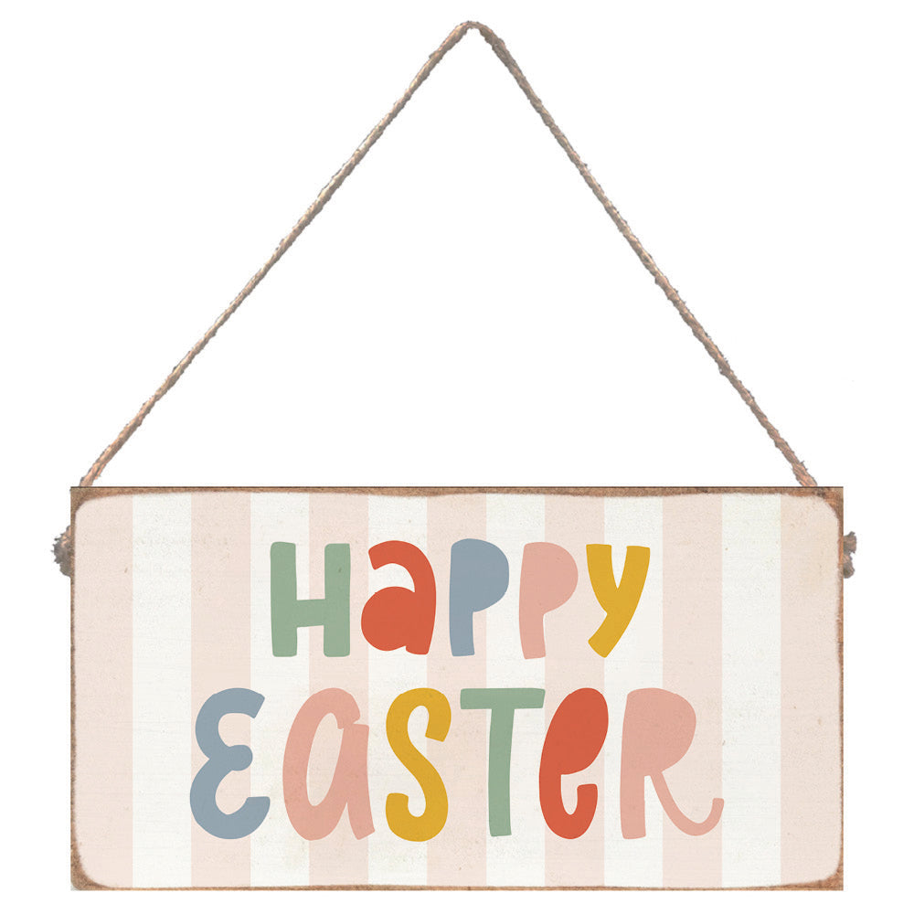 A wooden twine sign with a striped background and 'Happy Easter' written in colorful letters, attached to a rustic string. Available at Be Charmed