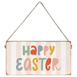 A wooden twine sign with a striped background and 'Happy Easter' written in colorful letters, attached to a rustic string. Available at Be Charmed