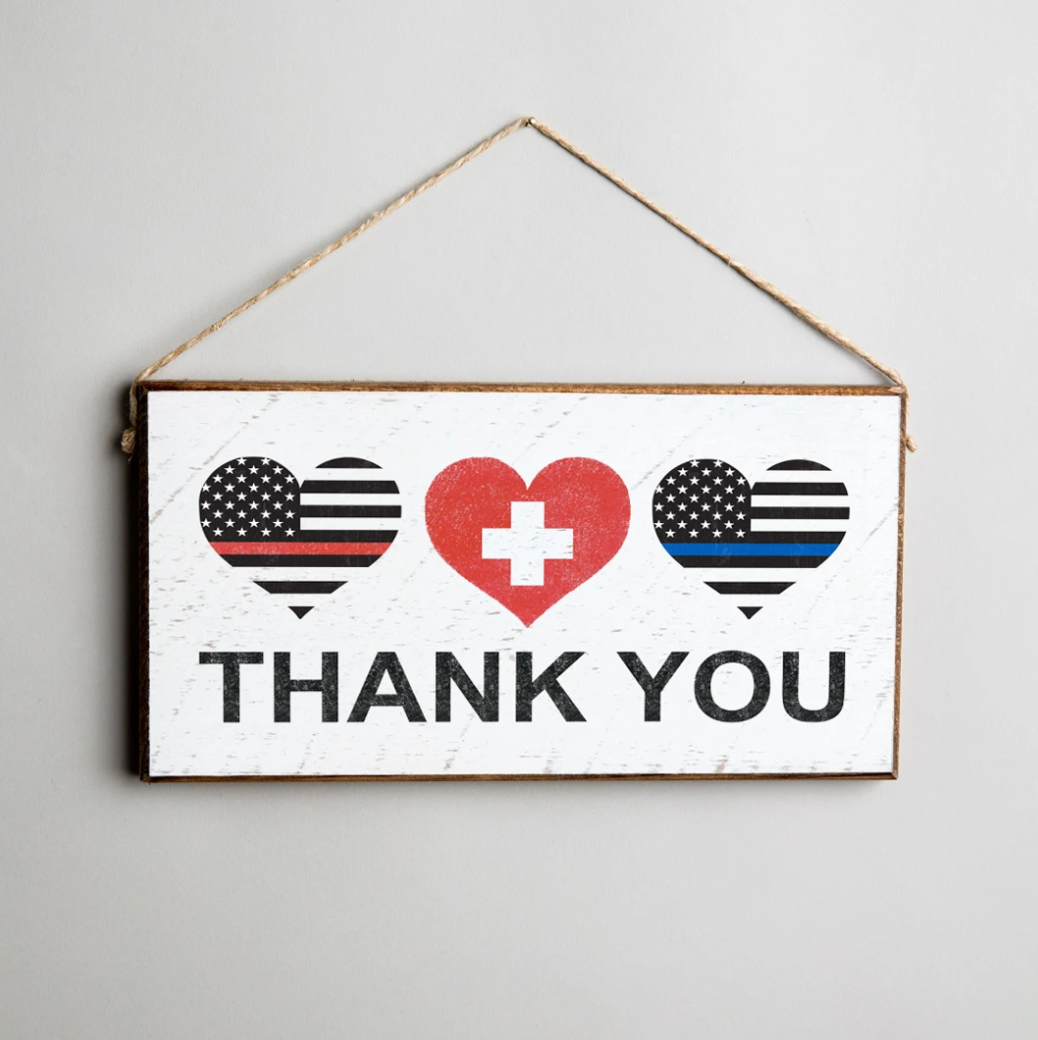 A rustic marlin wooden twine sign with a 'Thank You' message, featuring hearts and a medical emblem. Available at Be Charmed