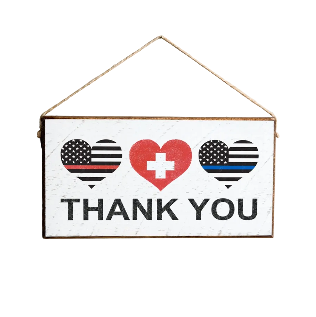 A rustic marlin wooden twine sign with a 'Thank You' message, featuring hearts and a medical emblem. Available at Be Charmed