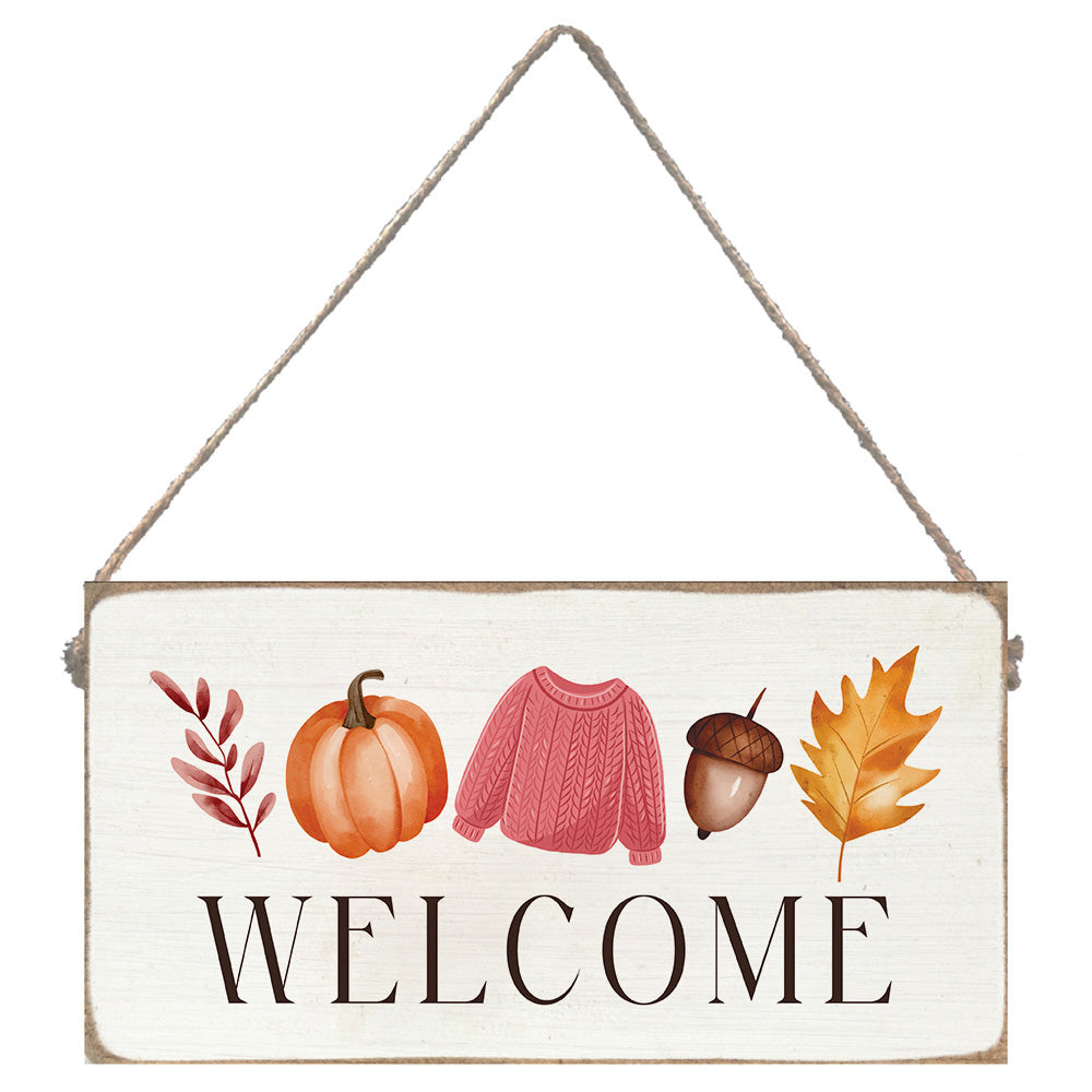 Rustic Marlin Twine Sign with “Welcome Fall” text. Handcrafted seasonal décor with rustic charm. Available at Be Charmed.