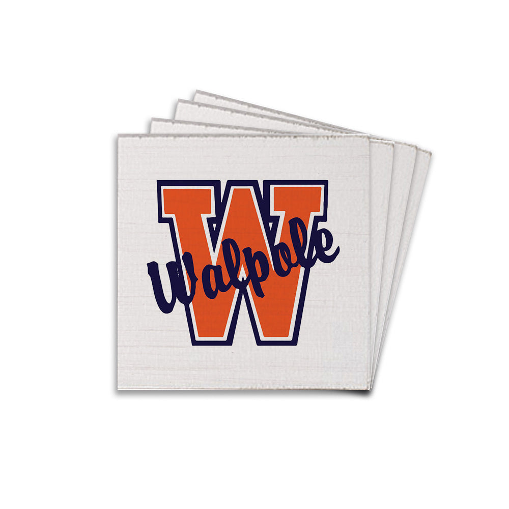 A stack of square, solid coasters with 'Walpole' written in the center, featuring a stylized 'W' logo in orange and navy colors on a white background. Available at Be Charmed
