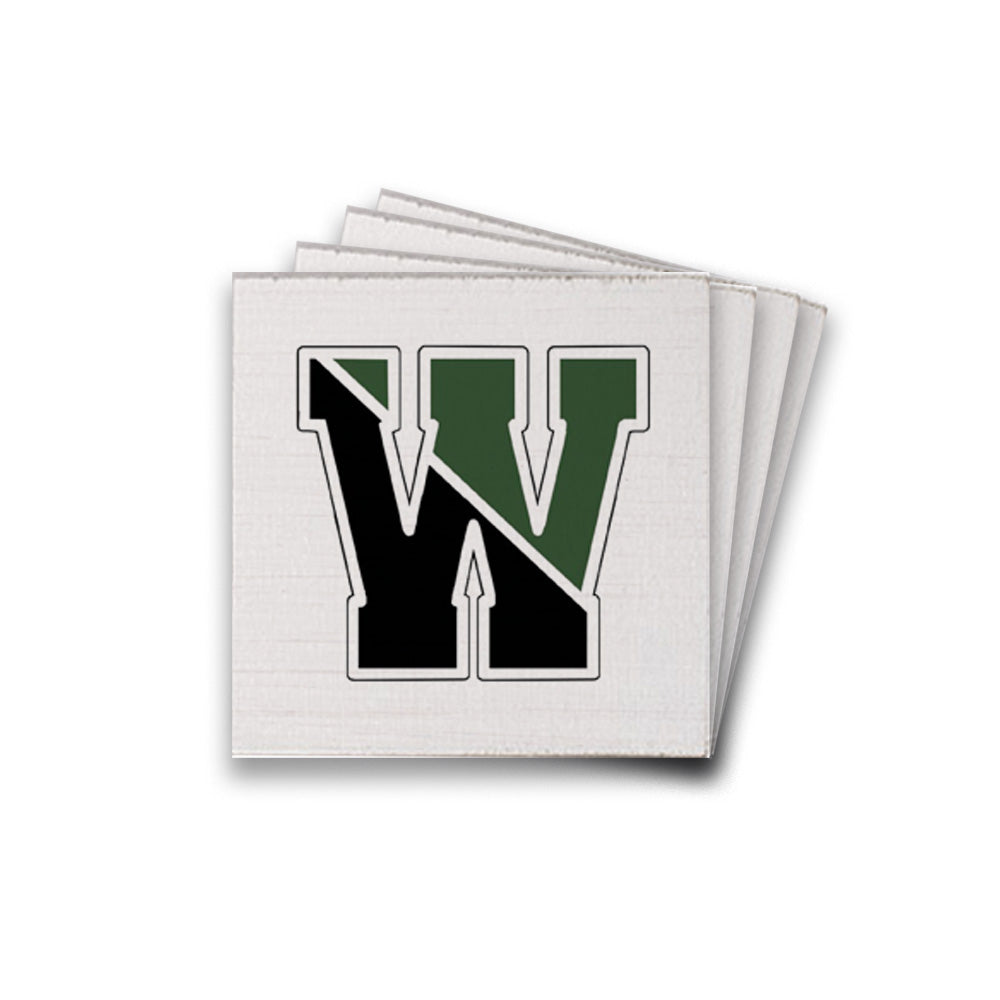 A stack of Rustic Marlin square wooden coasters with a handcrafted design, featuring a green and black 'W' logo on a white background. Available at Be Charmed