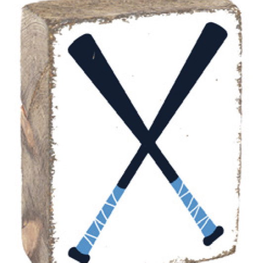 A rustic wooden block with a baseball bat design, featuring a blue and white bat on a square surface with a textured rustic background. Available at Be Charmed