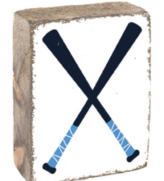 A rustic wooden block with a baseball bat design, featuring a blue and white bat on a square surface with a textured rustic background. Available at Be Charmed