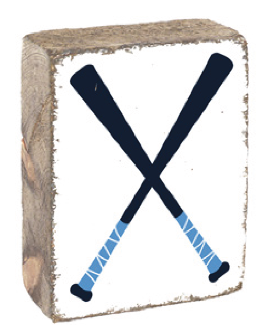 A rustic wooden block with a baseball bat design, featuring a blue and white bat on a square surface with a textured rustic background. Available at Be Charmed