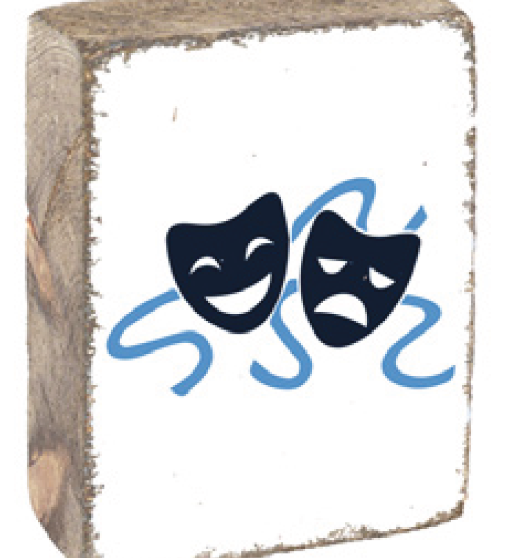A rectangular wooden block with a rustic finish, featuring a blue theatrical mask design and the word 'DRAMA' on a wooden surface. Available at Be Charmed