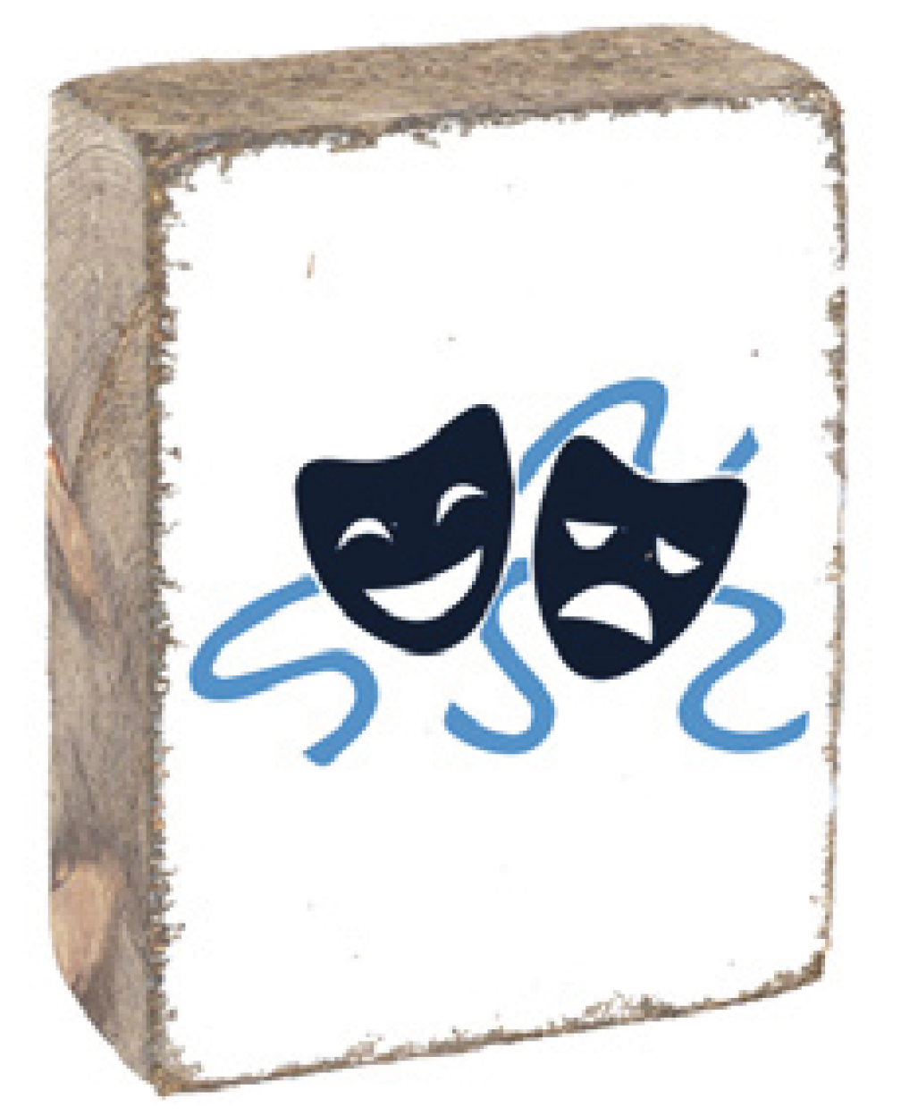 A rectangular wooden block with a rustic finish, featuring a blue theatrical mask design and the word 'DRAMA' on a wooden surface. Available at Be Charmed