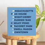 A decorative wood block sign with the text 'MEDFIELD' in capital letters and a list of locations in Medfield, Massachusetts, with a light blue background. The sign is placed on a wooden stand. Available at Be Charmed