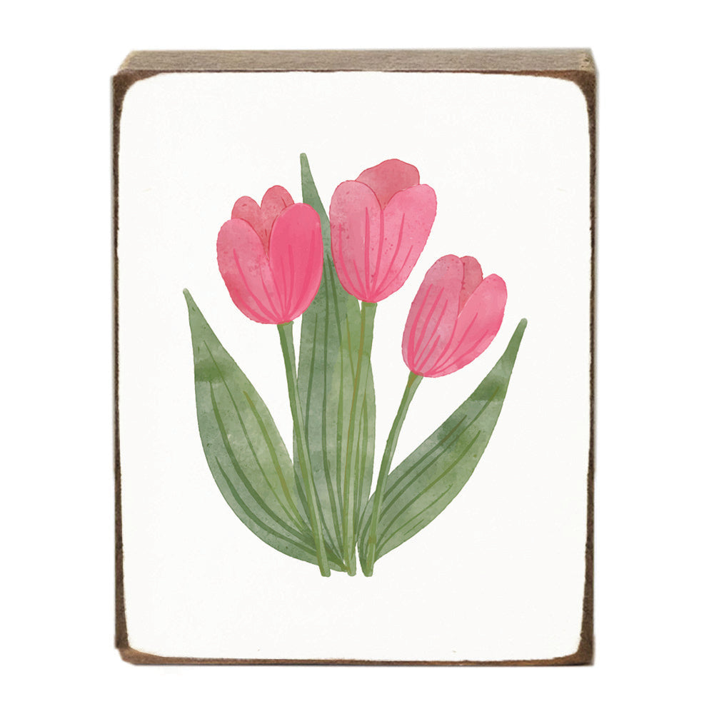 Square wooden block with pink tulips and green leaves on a white background, Available at Be Charmed