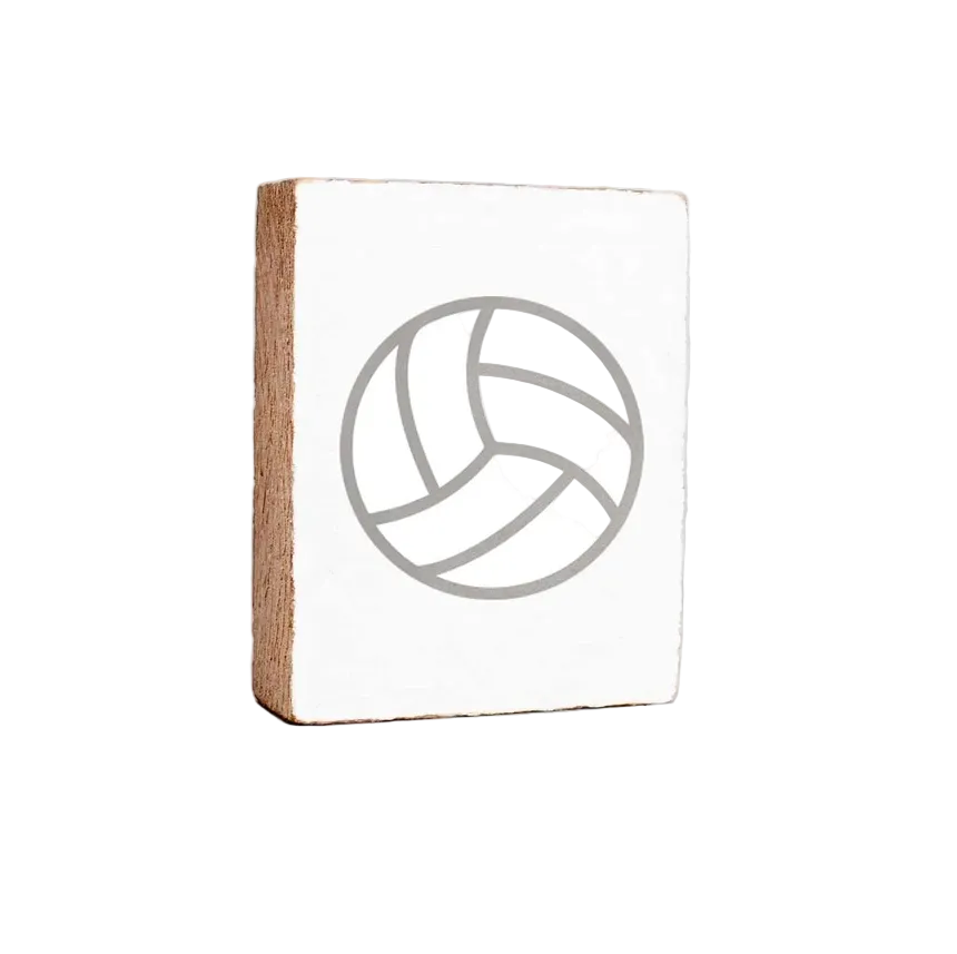 A decorative wooden block with a volleyball emblem on it, placed against a white background. Available at Be Charmed
