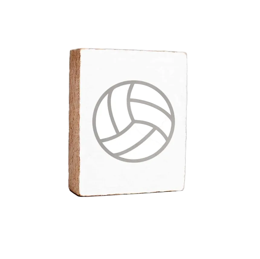 A decorative wooden block with a volleyball emblem on it, placed against a white background. Available at Be Charmed