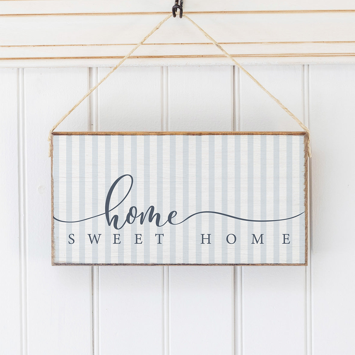 Rustic Marlin Blue and white Home Sweet Home  Striped Twine Sign hanging on white wall