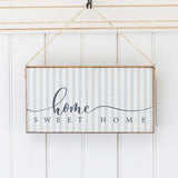 Rustic Marlin Blue and white Home Sweet Home  Striped Twine Sign hanging on white wall