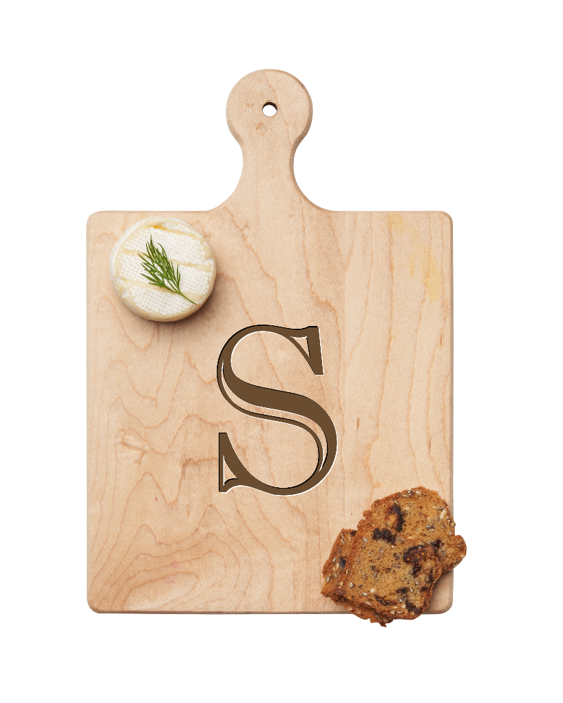 Maple Leaf 9x6 Initial Board S with Spreader. Personalized wooden serving board with monogram design. Perfect gift. Available at Be Charmed.