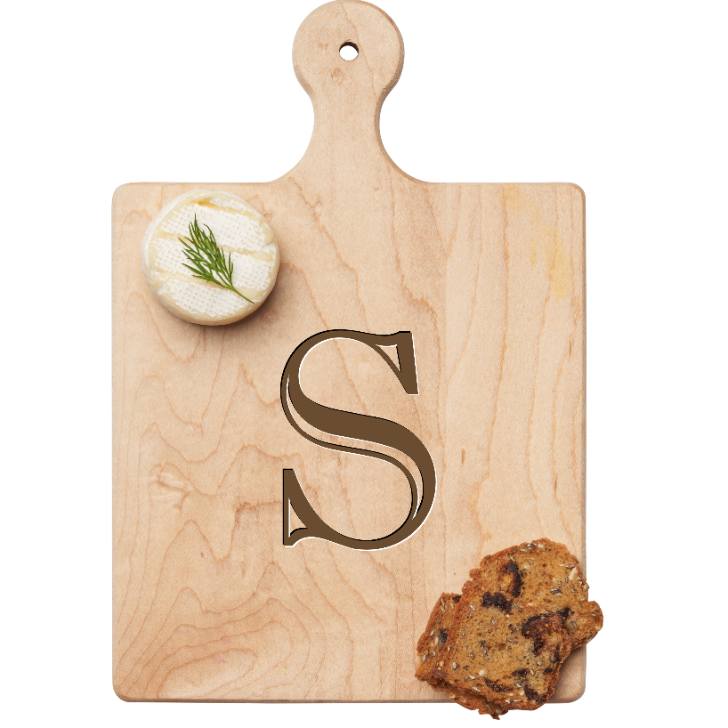 Maple Leaf 9x6 Initial Board S with Spreader. Personalized wooden serving board with monogram design. Perfect gift. Available at Be Charmed.