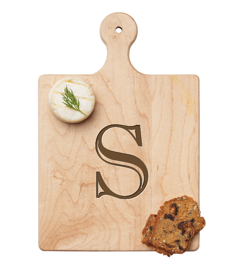 Maple Leaf 9x6 Initial Board S with Spreader. Personalized wooden serving board with monogram design. Perfect gift. Available at Be Charmed.