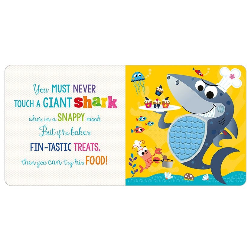 Sample Pages of Never Touch a Shark by Make Believe Ideas – interactive sensory book with touch-and-feel textures and ocean animals. Available at Be Charmed.
