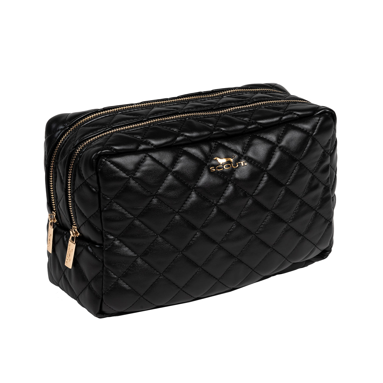 Scout Black Quilted 2‑Way toiletry bag with two zip compartments and upright structure – available at Be Charmed