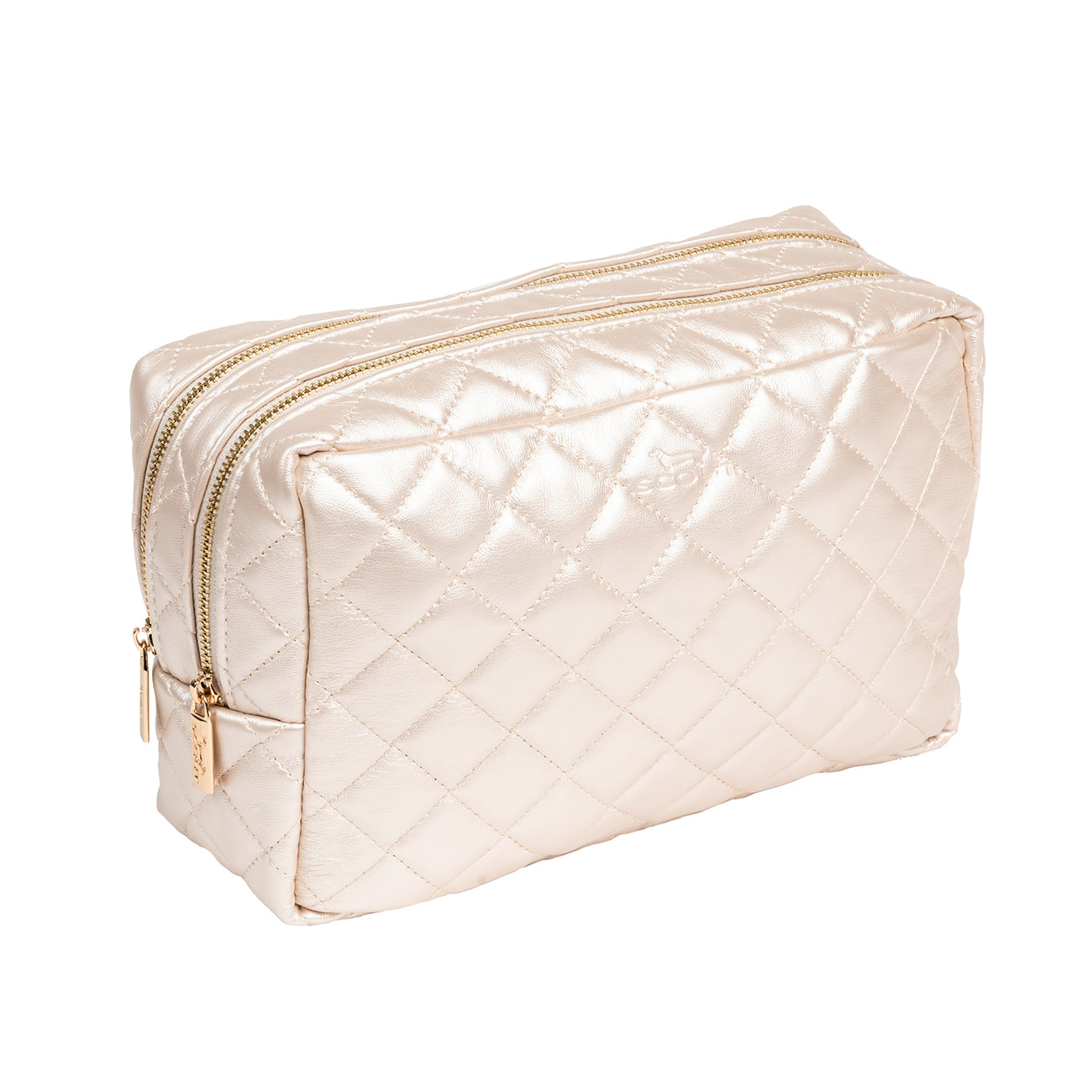 Scout Champagne Quilted 2‑Way toiletry bag with two zip compartments and upright structure – available at Be Charmed