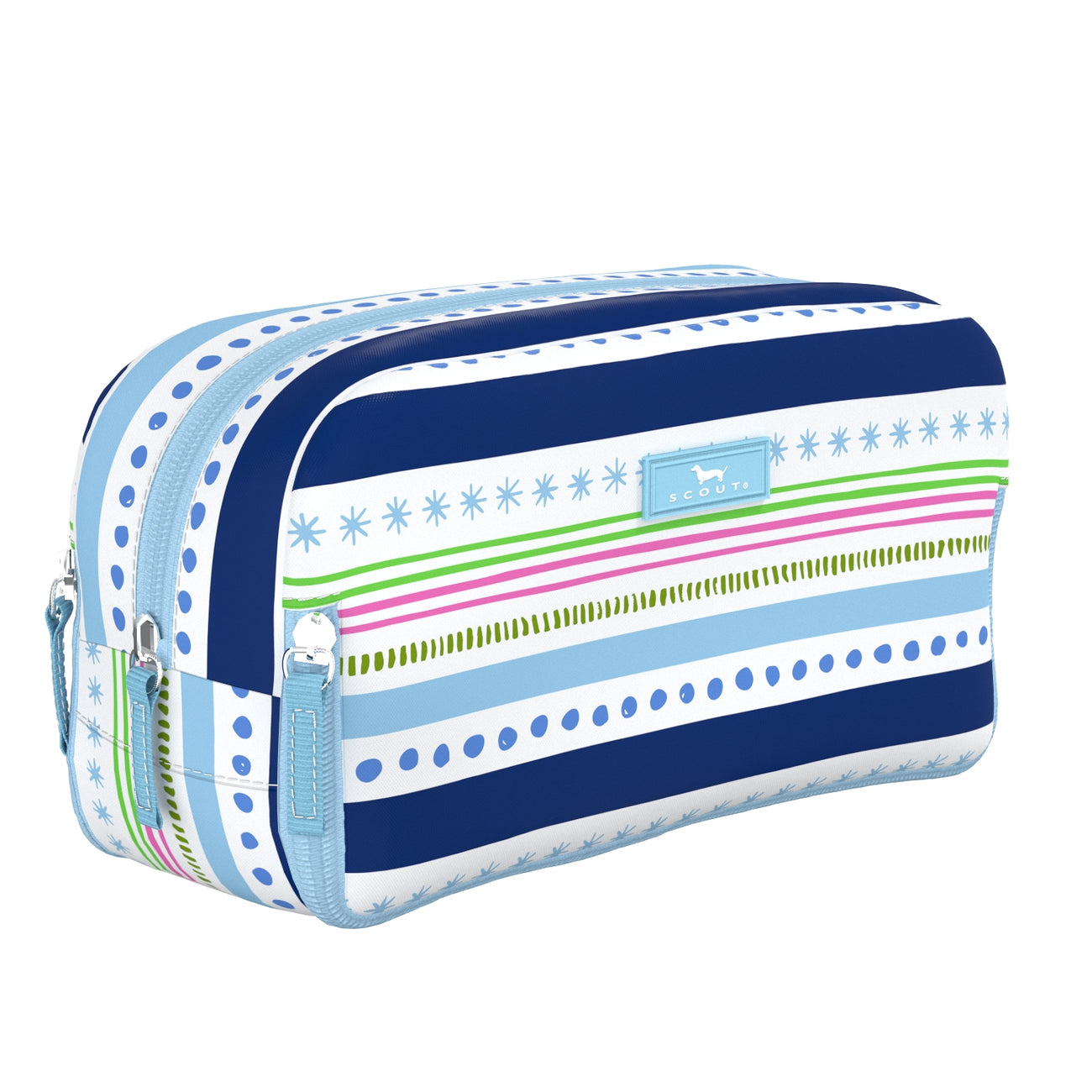 Scout All the Trimmings 3‑Way Toiletry Bag with three zipper compartments and water‑resistant coated cotton – available at Be Charmed